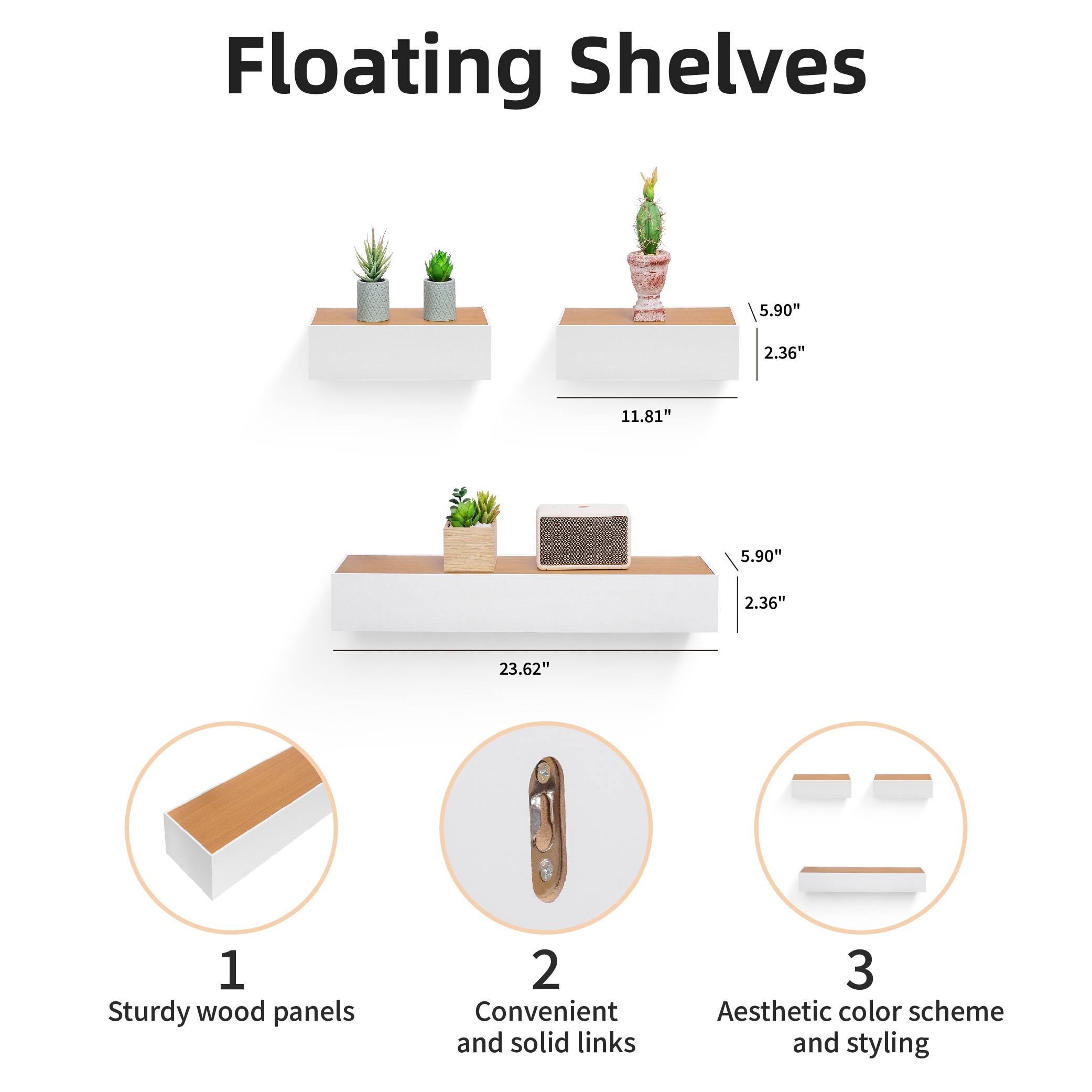 Floating Shelves 23.62" Wall Mounted Wood Shelves For Bathroom, Bedroom, Living Room, Kitchen, Hanging Shelf For Books/Storage/Decor With Invisible Brackets, Maple+White_voghion.com